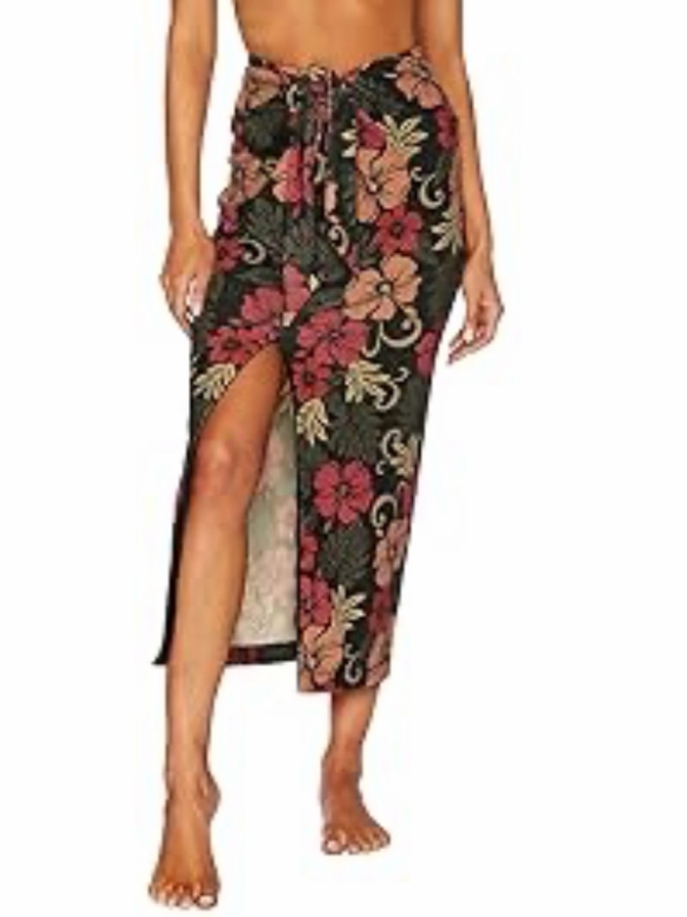 Beach Riot Suki Floral Tie-Front Midi Skirt in Black with Red & Cream Blooms